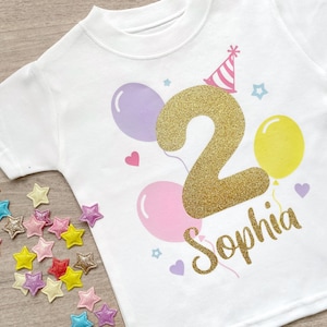 Personalised Pastel Party Confetti T-Shirt! Complete with balloons and name of your choice in glitter. Boys or Girls Rainbow.
