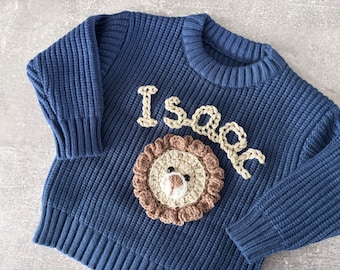 Personalised Lion Knit Baby Jumper: Hand-Stitched Name Keepsake