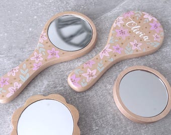 Personalised Floral Hand-Painted Mirror and Brush. Forget me not, rose, strawberry designs also available.