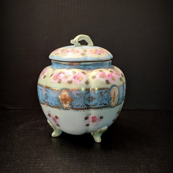 Antique VERY OLD Japan Nippon Biscuit Jar, Cracker Jar, Victorian Hand Painted Porcelain, Cherry Blossom Gold Gilt
