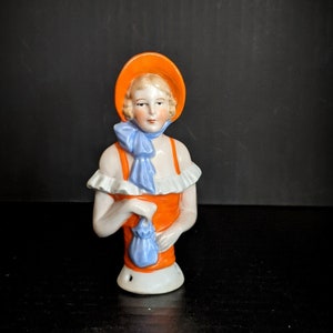 Antique German Half Doll Pincushion Doll, Miniature Doll with Purse, Colonial Style Half Doll, EXCELLENT condition
