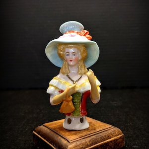 Galluba & Hoffman Rare and Very Unique Half Doll in Oversized Hat Holding a purse and wearing gloves.  PRISTINE