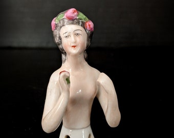 Antique Small Dressel Kister Half Doll with roses, Demi Figurine, Rose Coronation in hair holding Rose.  Private Collection