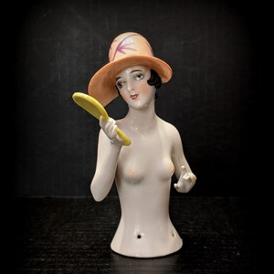 RARE and Unusual Art Deco Antique Hertwig & Company Flapper Half Doll w/ Mirror, Highly Collectible Pincushion Doll, Demi Figurine,  Germany