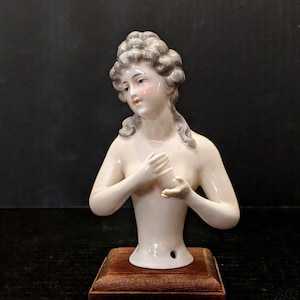 Antique German Half Doll, Pincushion Doll, Large Half Doll, Figurine, Antique Porcelain Miniature Doll, Victorian Doll, PRISTINE condition