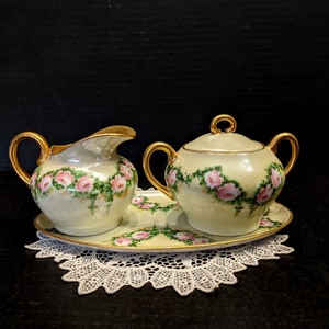 Antique M&Z Austria Creamer Sugar bowl with tray, PRISTINE condition, BEAUTIFULLY hand painted Porcelain, From Private Collection