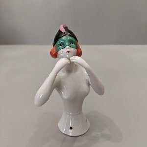 Antique Art Deco Mardi Gras Masked Goebel Half Doll, Pierrette Flapper Pincushion Doll, Demi Figurine, Made in Germany Circa 1920&#39;s