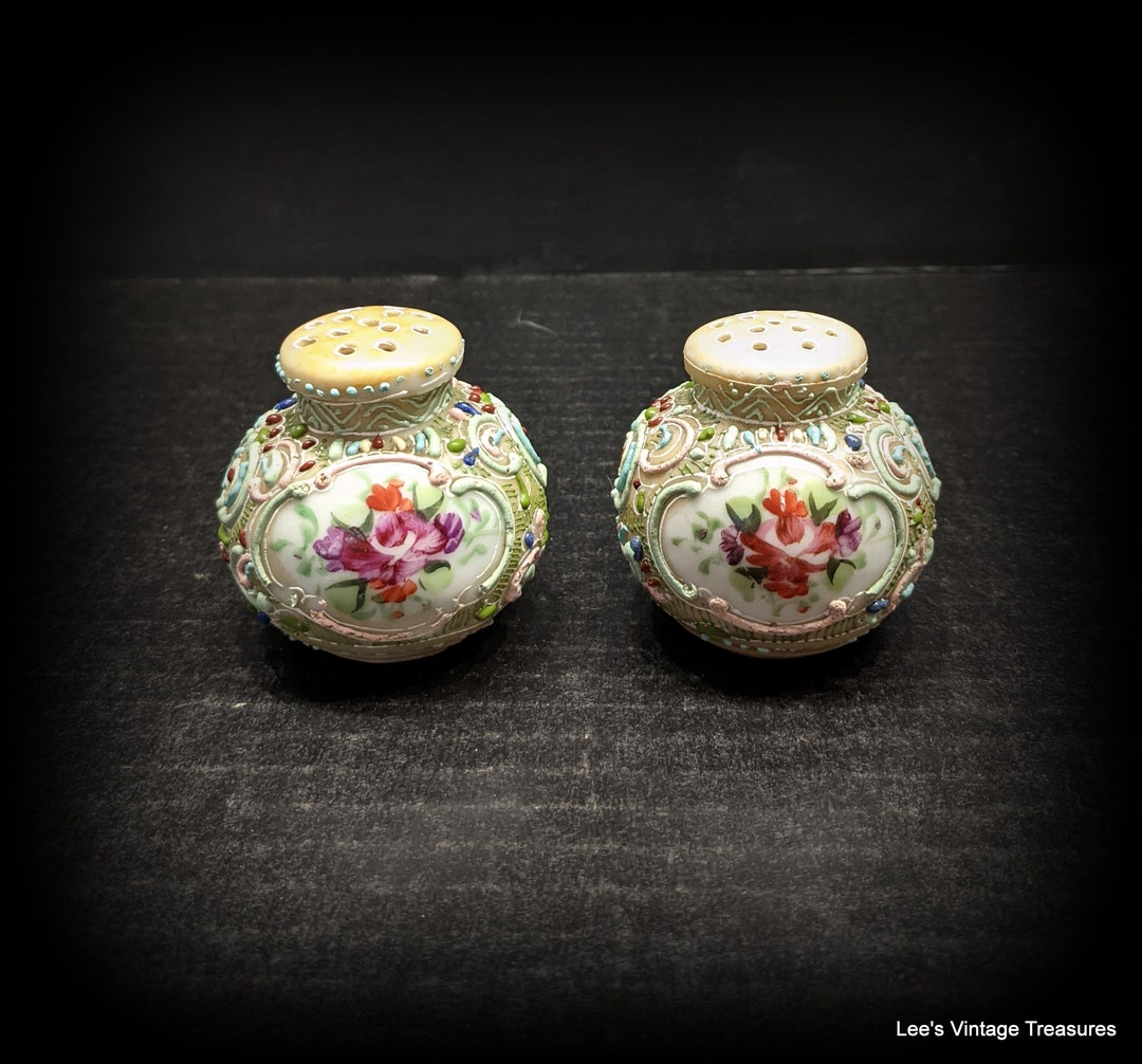 Antique Nippon Salt and Pepper Shakers, Hand Painted Heavy Moriage
