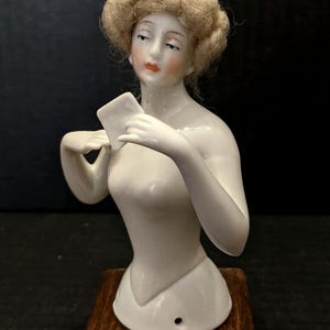 Antique Porcelain Half Doll with Mohair wig, Carl Schneider Boudoir Pincushion Doll,  Germany, Teepuppen,  Demi Figurine, Miniature Doll,