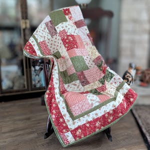Handmade Quilt Blanket Large Throw size 75" L X 57", PEACEFUL GARDEN Cottage Core,  French Country, Shabby Chic, OOAK Farmhouse Bed Linen