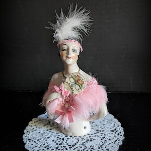 Antique Large Fasold Stauch Porcelain Half Doll Flapper w/ FAN, Collectible, Stunning Art Deco pincushion doll, Germany, Very Unique