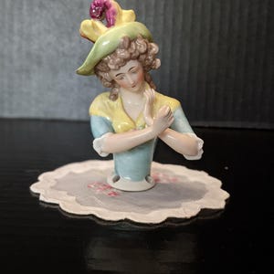 Antique German Half Doll Pincushion Doll, RARE and unusual Victorian Style Half Doll holding powder puff. Sitzendorf,  EXCELLENT condition