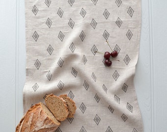Geometric block printed linen tea towel
