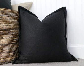 Black Linen Flange Edge Throw Pillow Cover, Linen Pillow Cover, Pillow Sham, Black Euro Pillow Sham, 18 x 18, 20 x 20, 22 x 22, 24 x 24