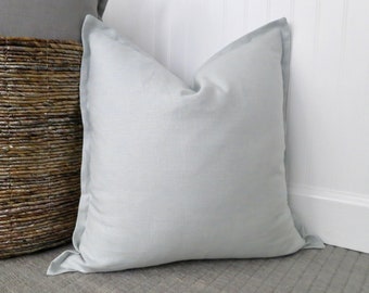 Cloud Blue Linen Pillow Cover with Flange Edge, 18 x 18, 20 x 20, 22 x 22, 24 x 24, 14 x 20, Light Blue Pillow, Pastel Pillow Sham
