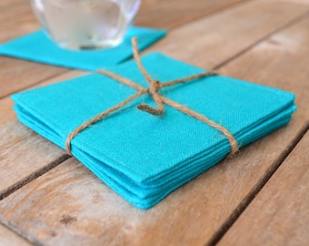 Turquoise Linen Drink Coasters, Aqua Coasters, Fabric Coasters, Teal Coasters, Patio Coasters, Handmade Gift, Set of 4, Set of 6