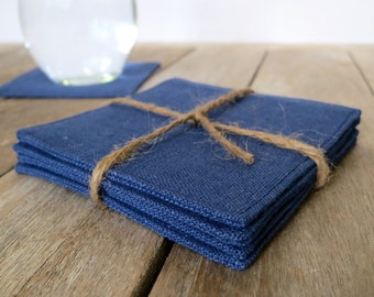 Navy Blue Linen Coasters, Fabric Coasters, Cocktail Napkins, Blue Drink Coasters, Gifts for Home, Handmade Coaster, Gift Box Item