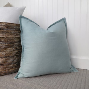 Spa Blue Linen Throw Pillow Cover with Flange Edge, Seafoam Pillow, Blue-green, Pillow Sham, Coastal Blue Pillow, 20 x 20, 22 x 22, 24 x 24