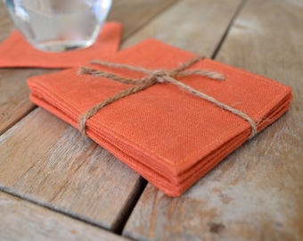 Set of 4 Orange Linen Coasters, Orange Fabric Coasters, Drink Coaster, Modern Coasters, Rustic Coasters, Handmade Gift, Set of 4, Set of 6