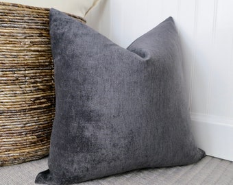 Dark Grey Velvet Pillow Cover, Lumbar Pillow, Pillow Sham, Euro Sham, Gray Velvet, 24 x 24, 22 x 22, 20 x 20, 18 x 18