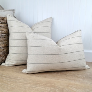 Oatmeal Linen and Olive Stripe Throw Pillow Cover, Cozy Farmhouse Pillow, 24 x 24, 22 x 22, 20 x 20, Lumbar Pillow with Subtle Stripes