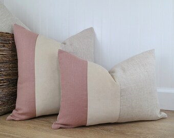 Color Block Pillow Cover, Rose Linen and Ivory Velvet Minimalist Decor Pillow, Boho Home Decor, Pastel Decor, 14 x 22, 20 x 20, 12 x 20