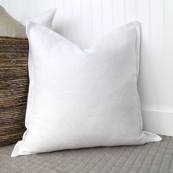 White Linen Flange Edge Pillow Cover, Bright White Pillow Cover, Dutch Euro Sham, 24 x 24, 26 x 26, 28 x 28, 30 x 30, Wholesale Pillows