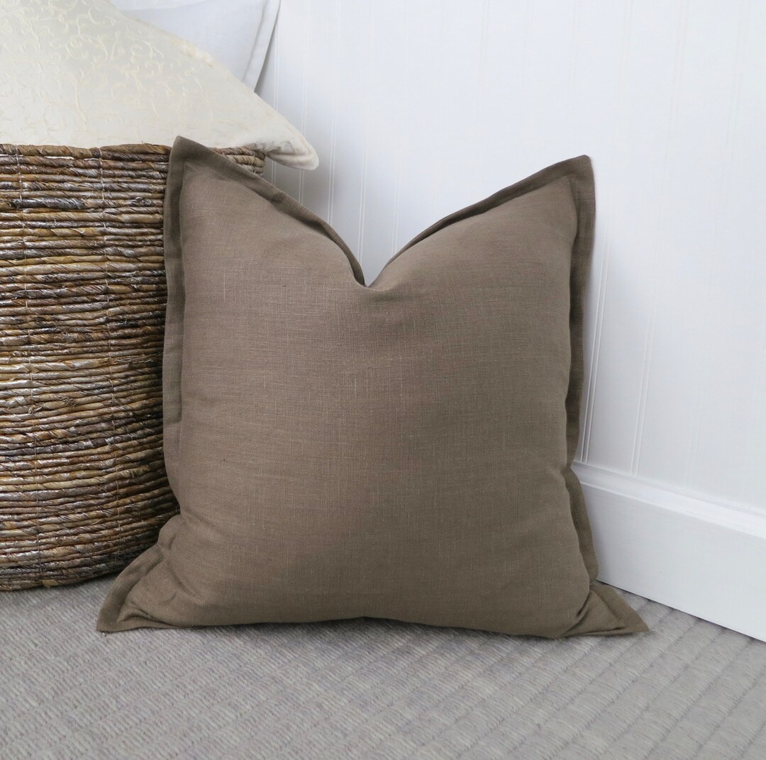 Farmhouse Brown Linen Pillow Cover With Flange Edge, Medium Brown Throw
