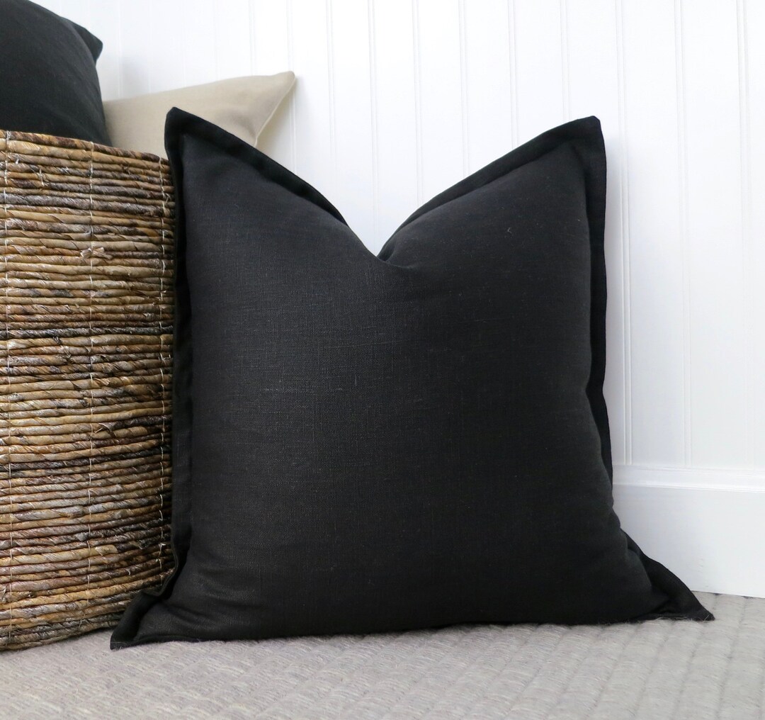 Black Linen Flange Edge Throw Pillow Cover, Linen Pillow Cover, Pillow
