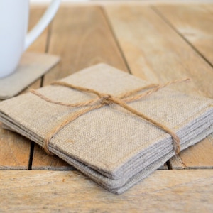 Natural Linen Drink Coasters, Rustic Coasters, Coffee Table Coasters, Modern Farmhouse Decor, Handmade Gift, Hostess Gift, Gift Box Item