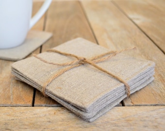 Natural Linen Drink Coasters, Rustic Coasters, Coffee Table Coasters, Modern Farmhouse Decor, Handmade Gift, Hostess Gift, Gift Box Item