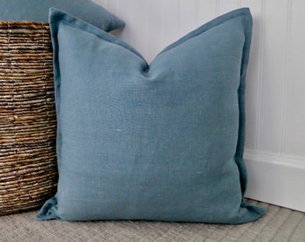 Housse de coussin en lin bleu ardoise avec rebord, couvre-oreiller bleu poudré, couvre-oreiller européen bleu, 18 x 18, 20 x 20, 22 x 22, 24 x 24, 14 x 22