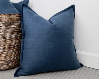 Navy Blue Linen Pillow Cover with Flange Edge, Blue Pillow Sham, Blue Euro Sham, Blue Decor, 24 x 24, 22 x 22, 14 x 22, 12 x 24, 28 x 28