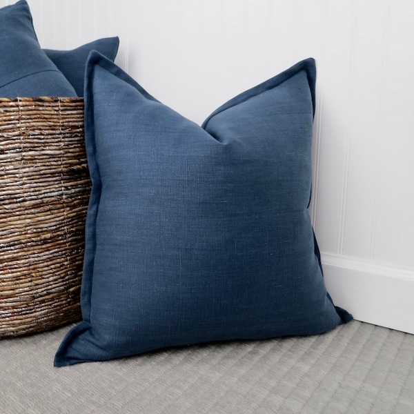 Navy Blue Linen Pillow Cover with Flange Edge, Blue Pillow Sham, Blue Euro Sham, Blue Decor, 24 x 24, 22 x 22, 14 x 22, 12 x 24, 28 x 28