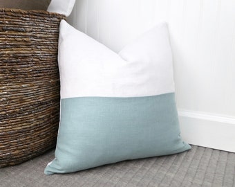 Spa Blue and White Linen Pillow Cover, 18 x 18, 20 x 20, 22 x 22, 24 x 24, Knife Edge Pillow Cover, Pillow Sham, Euro Pillow Sham