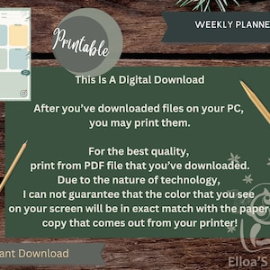 K&ouml;nnte beinhalten: Ein digitaler Download eines druckbaren Wochenplaners mit einem gr&uuml;n-gelben Farbschema. Der Planer hat ein schlichtes Design mit einem Vogel und einer Zielgrafik. Der Text "Printable" befindet sich in einem Kreis mit gr&uuml;nem Hintergrund. Der Text "Dies ist ein digitaler Download" ist in schwarzer Schrift auf gr&uuml;nem Hintergrund. Der Text "Nachdem Sie die Dateien auf Ihren PC heruntergeladen haben, k&ouml;nnen Sie sie ausdrucken." ist in schwarzer Schrift auf gr&uuml;nem Hintergrund. Der Text "F&uuml;r die beste Qualit&auml;t, drucken Sie aus der PDF-Datei, die Sie heruntergeladen haben. Aufgrund der Natur der Technologie kann ich nicht garantieren, dass die Farbe, die Sie auf dem Bildschirm sehen, genau mit der Papierkopie &uuml;bereinstimmt, die aus Ihrem Drucker kommt!" ist in schwarzer Schrift auf gr&uuml;nem Hintergrund. Der Text "Sofortiger Download" ist in schwarzer Schrift auf wei&szlig;em Hintergrund. Der Text "Elloa's World" ist in schwarzer Schrift auf wei&szlig;em Hintergrund.