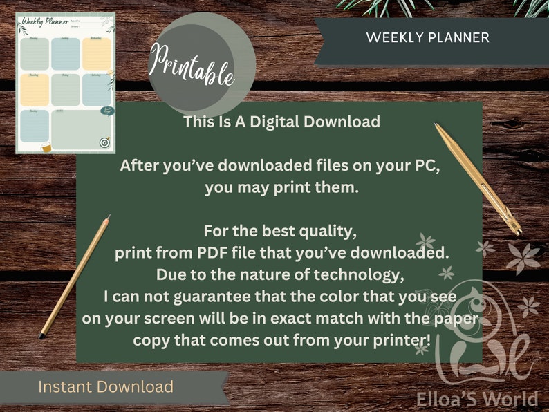 K&ouml;nnte beinhalten: Ein digitaler Download eines druckbaren Wochenplaners mit einem gr&uuml;n-gelben Farbschema. Der Planer hat ein schlichtes Design mit einem Vogel und einer Zielgrafik. Der Text "Printable" befindet sich in einem Kreis mit gr&uuml;nem Hintergrund. Der Text "Dies ist ein digitaler Download" ist in schwarzer Schrift auf gr&uuml;nem Hintergrund. Der Text "Nachdem Sie die Dateien auf Ihren PC heruntergeladen haben, k&ouml;nnen Sie sie ausdrucken." ist in schwarzer Schrift auf gr&uuml;nem Hintergrund. Der Text "F&uuml;r die beste Qualit&auml;t, drucken Sie aus der PDF-Datei, die Sie heruntergeladen haben. Aufgrund der Natur der Technologie kann ich nicht garantieren, dass die Farbe, die Sie auf dem Bildschirm sehen, genau mit der Papierkopie &uuml;bereinstimmt, die aus Ihrem Drucker kommt!" ist in schwarzer Schrift auf gr&uuml;nem Hintergrund. Der Text "Sofortiger Download" ist in schwarzer Schrift auf wei&szlig;em Hintergrund. Der Text "Elloa's World" ist in schwarzer Schrift auf wei&szlig;em Hintergrund.