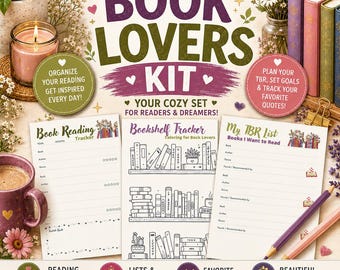 Printbare set voor boekenliefhebbers | Leesplanner, leeslijst, bladwijzers (digitale download)
