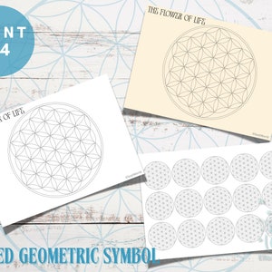 Puede incluir: Hoja A4 imprimible con el símbolo de la Flor de la Vida. La hoja incluye una versión grande del símbolo y 16 versiones más pequeñas.