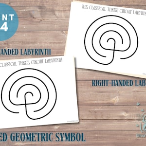 Peut inclure: Deux labyrinthes imprimables en noir et blanc, l'un intitulé "Labyrinthe pour gaucher" et l'autre "Labyrinthe pour droitier". Les deux labyrinthes sont intitulés "Le labyrinthe classique à trois circuits" et "Symbole géométrique sacré".