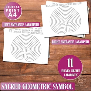 Printbaar klassiek labyrint met elf circuits: ontwerp gebaseerd op heilige geometrie (PDF/JPG A4 horizontale bestanden)