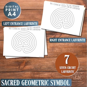 Seven Circuit Labyrinth Printable, Left & Right Entrance Versions, Finger Labyrinth, Sacred Geometry Meditation PDF,JPG, A4 Download