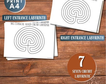Seven Circuit Labyrinth Printable, Left & Right Entrance Versions, Finger Labyrinth, Sacred Geometry Meditation PDF,JPG, A4 Download