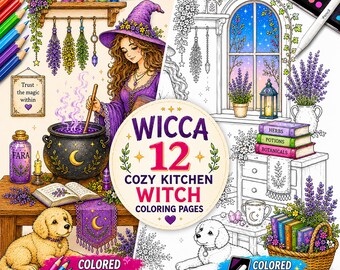12 Cozy Kitchen Witch Coloring Pages | Green Wicca Book | Printable PDFs & PNGs for Digital Coloring | Instant Download | Adults
