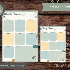 K&ouml;nnte beinhalten: Druckbarer Wochenplaner mit einem gr&uuml;n-gelben Farbschema. Der Planer hat ein florales Design und den Text "Weekly Planner" oben. Der Planer ist in den Gr&ouml;&szlig;en A4 und A5 erh&auml;ltlich.