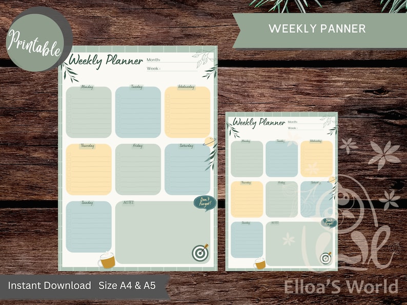 K&ouml;nnte beinhalten: Druckbarer Wochenplaner mit einem gr&uuml;n-gelben Farbschema. Der Planer hat ein florales Design und den Text "Weekly Planner" oben. Der Planer ist in den Gr&ouml;&szlig;en A4 und A5 erh&auml;ltlich.