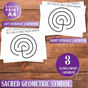 Lámina de laberinto de tres circuitos: diseño de geometría sagrada (PDF/JPG)
