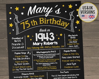 75th Birthday Poster, 75th Birthday Sign, 75th Birthday Party, 75th Birthday Gift, 75th Birthday Ideas, Back in 1943 Birthday Sign