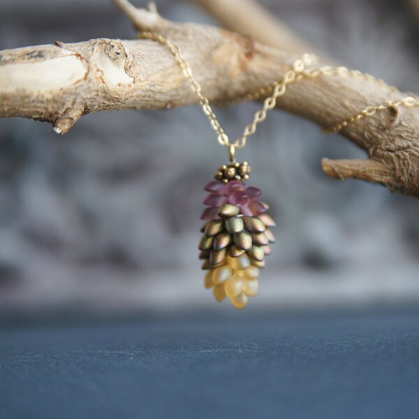 Small Christmas gift - pine cone pendant - green yellow purple - wearable art - gift - beaded - minimalistic pendant - statement necklace