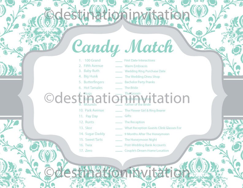 Bridal Shower Game Candy Match Digital Printable Answer key Etsy
